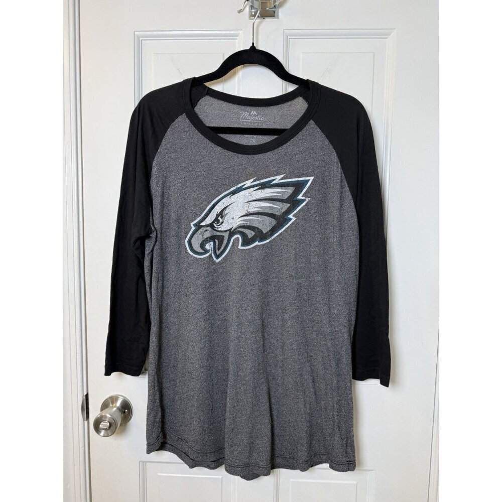 Majestic Philadelphia Eagles Raglan Shirt Grey Black Womens XXL